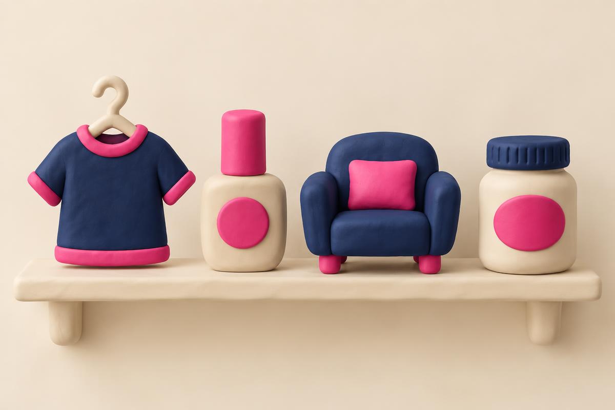 Illustration of clay retail products on a shelf: a garment, a cosmetics bottle, an armchair and a supplement jar