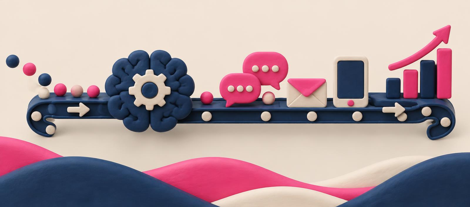 Illustration of shopper signals flowing through a brain into messages and a rising chart
