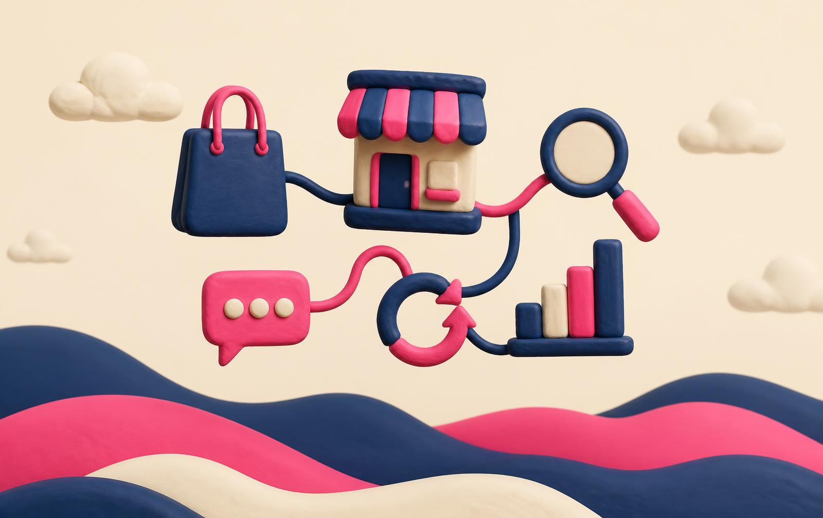 Illustration of a store, shopping bag, message bubble and rising chart connected in a loop
